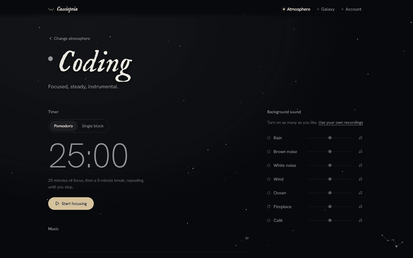 Cassiopeia in Coding mode: the mode name in large italic type, a 25-minute Pomodoro timer with a Start focusing button, and seven background sounds with volume sliders.